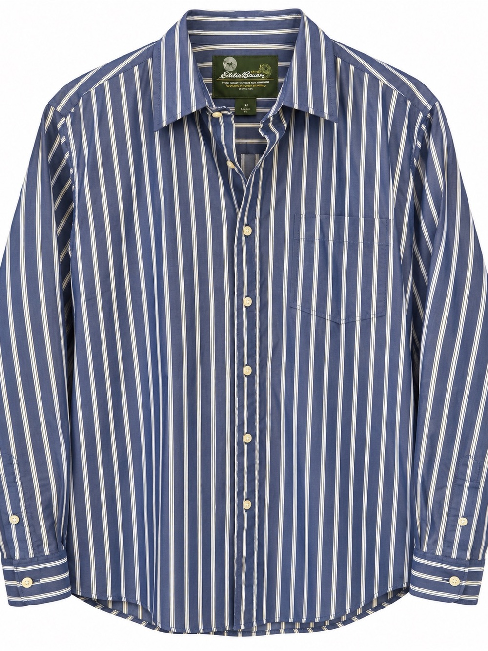 NWT Eddie Bauer Men’s Blue Striped 100% Cotton Button-Up Shirt Size M Pocket